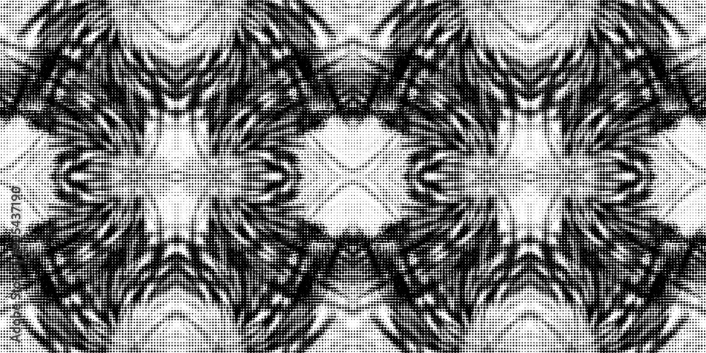 Seamless dotted halftone pattern with dancing mandalas. Monochrome on transparent background. Vector. Seamless dotted halftone pattern with dancing mandalas. Monochrome on transparent background. Vector.