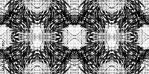 Seamless dotted halftone pattern with dancing mandalas. Monochrome on transparent background. Vector.