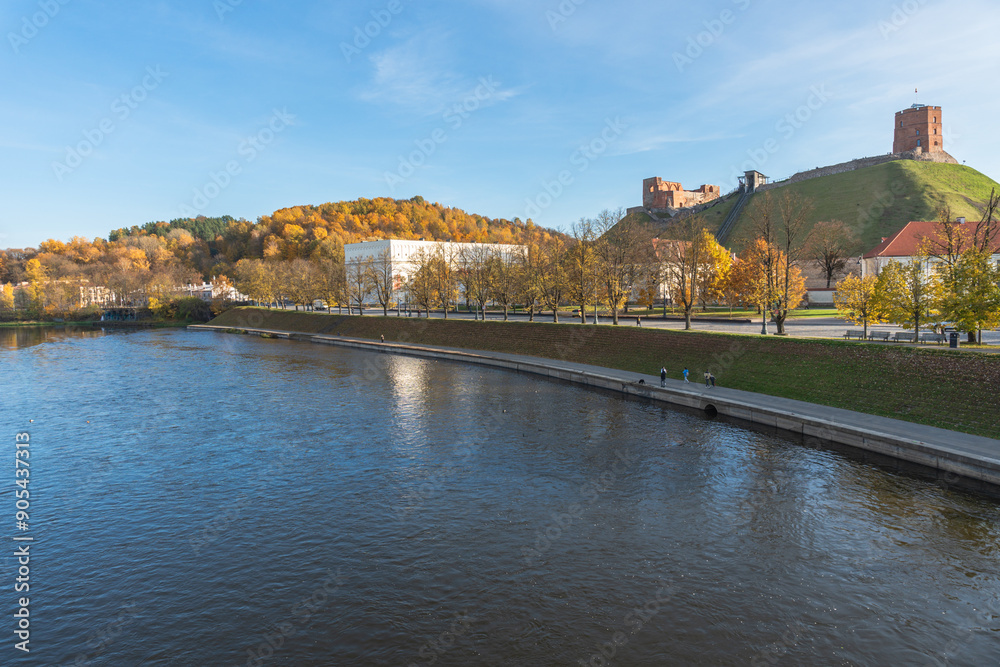 Obraz premium view to Neris river and Gediminas hill on a sunny autumn day