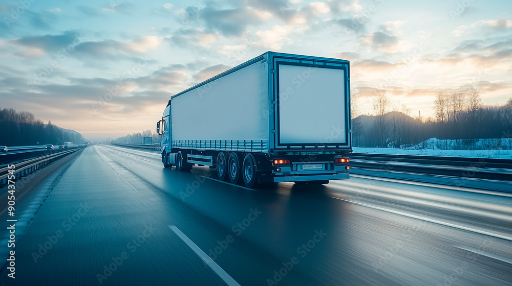 A large white semi truck is driving down a road
