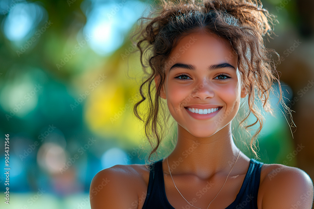 A woman with curly hair is smiling and wearing a black tank top A woman with curly hair is smiling and wearing a black tank top