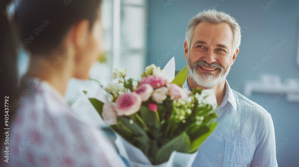 middle age man coming out of hospital after being admitted receiving flowers middle age man coming out of hospital after being admitted receiving flowers