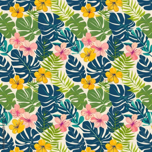Illustration of a seamless background for a summer concept. The pattern features tropical leaves and flowers in vibrant colors. © tapong117