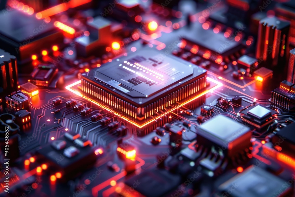 Close-up of a CPU on a Motherboard with Red Glowing Lights Close-up of a CPU on a Motherboard with Red Glowing Lights
