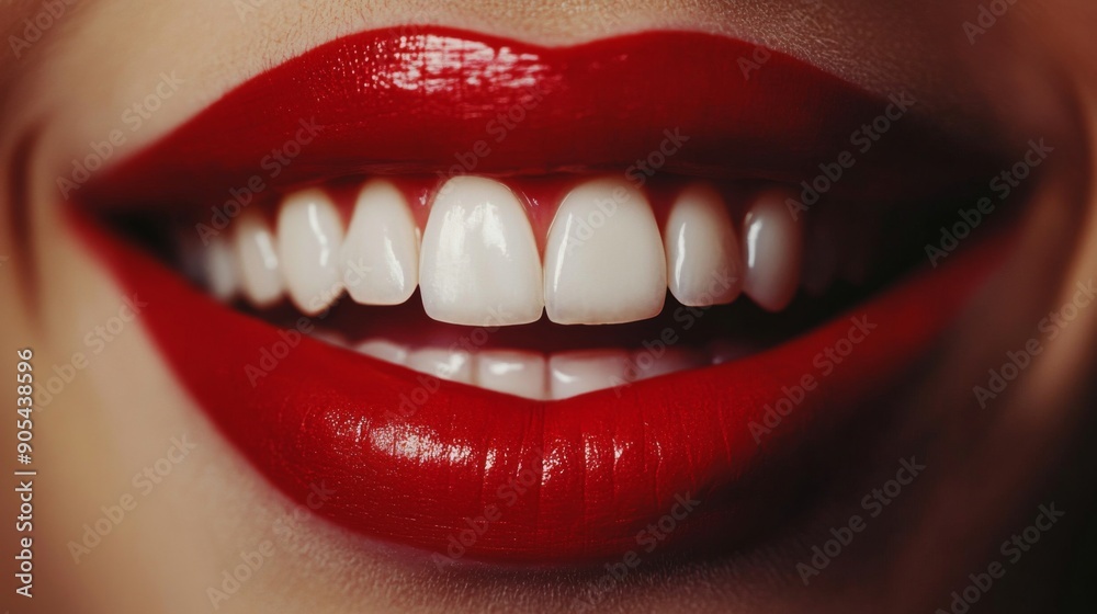 Close-up of a woman's mouth, showcasing her beautiful teeth and red lipstick. Close-up of a woman's mouth, showcasing her beautiful teeth and red lipstick.