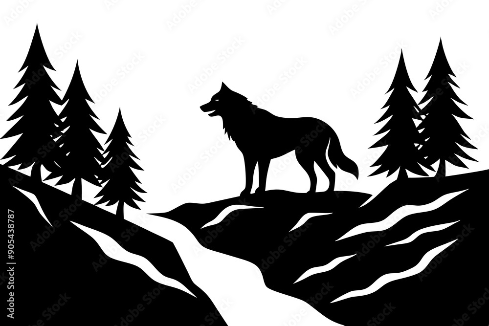 A wolf standing on a rocky outcrop overlooking a forested valley with a flowing river A wolf standing on a rocky outcrop overlooking a forested valley with a flowing river