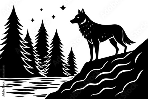 A wolf standing on a rocky outcrop overlooking a forested valley with a flowing river