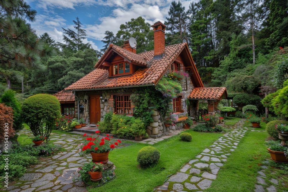 Cozy garden house surrounded by lush landscaping, ideal for relaxation and nature immersion Cozy garden house surrounded by lush landscaping, ideal for relaxation and nature immersion