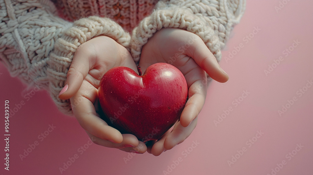 Healthcare. Woman holding a red heart on pink background. Photo from above. Only hands are visible. Healthcare. Woman holding a red heart on pink background. Photo from above. Only hands are visible.