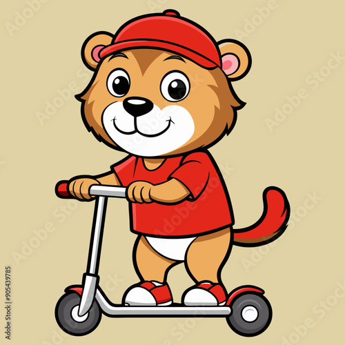 A lion cub on a trick scooter wearing a red t-shirt and red shorts vector illustration 