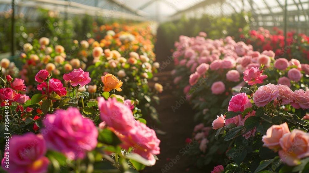 Vibrant roses of various colors flourish inside a greenhouse, basking in warm sunlight during the golden hour. Vibrant roses of various colors flourish inside a greenhouse, basking in warm sunlight during the golden hour.