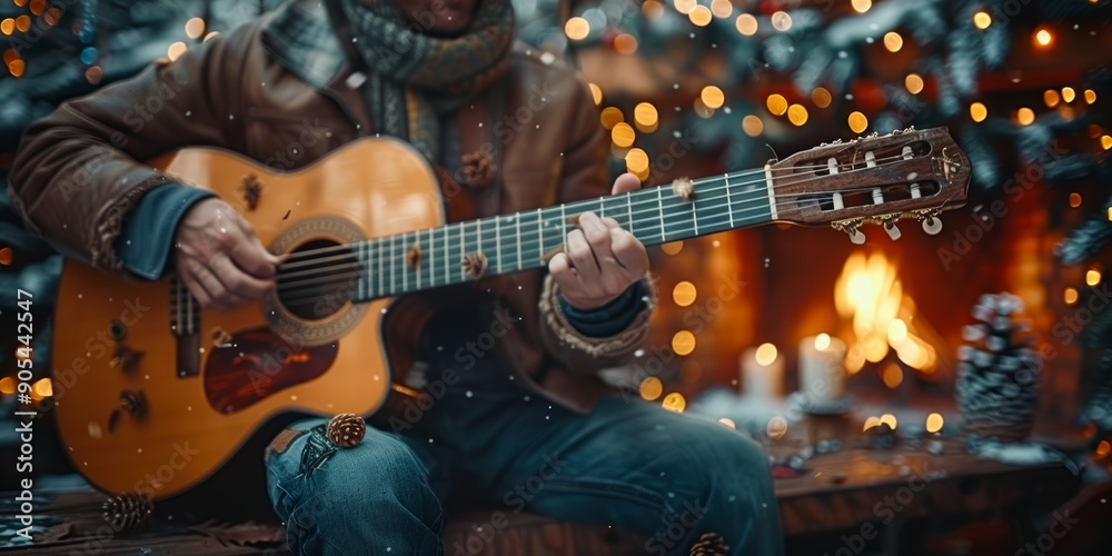Obraz premium Man Playing Acoustic Guitar by a Cozy Fireplace