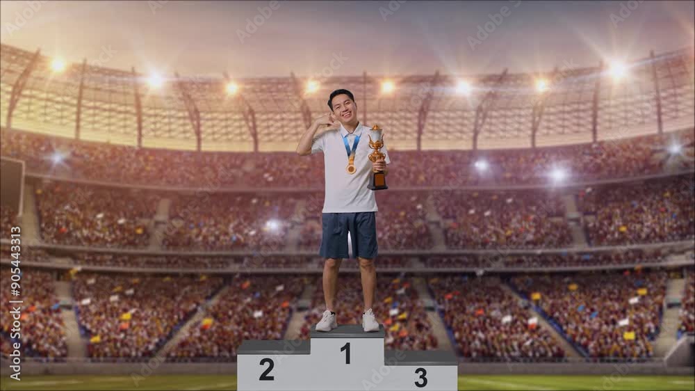 Full Body Of Asian Man With A Gold Medal And Trophy Showing Call Me Gesture And Smiling To Camera As The First Winner At The Stadium Full Body Of Asian Man With A Gold Medal And Trophy Showing Call Me Gesture And Smiling To Camera As The First Winner At The Stadium