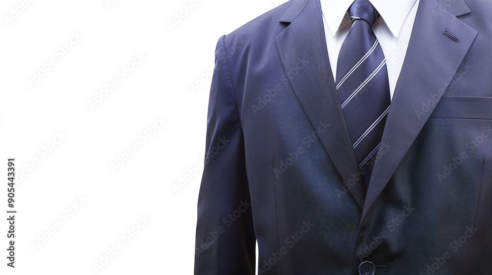 Businessman in blue suit and blue tie. Face not visible. White background. Close-up photo
