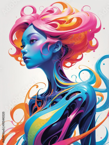 Surreal human silhouette made of swirling lines and bold splashes of color on a white backdrop 