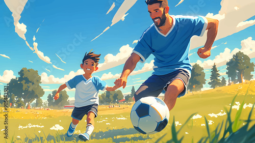 A Serene Day on the Soccer Field: Father and Son Enjoying a Game Under the Open Sky
