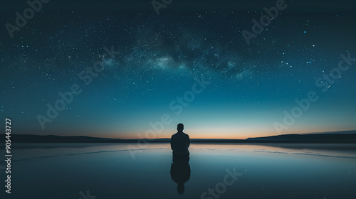 boy by the surreal sea with reflection, a quiet solitude of space during a moment of reflection photo