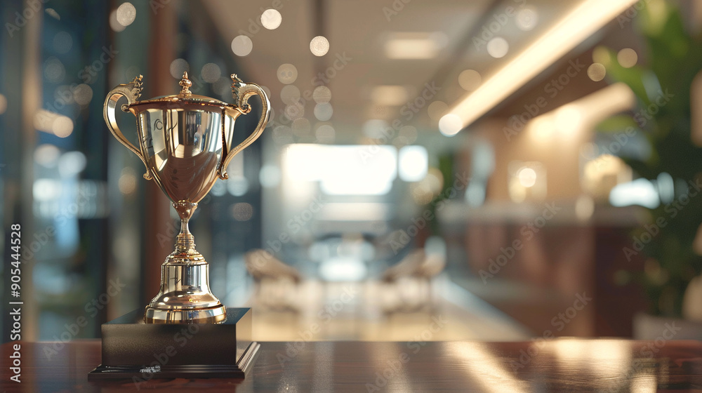 Winner. Golden cup on the table symbolizing personal achievements at work. Winner. Golden cup on the table symbolizing personal achievements at work.