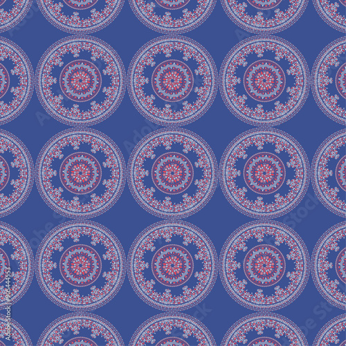 Seamless Batik floral embroidery pattern on Blue background Indian kalamkari Mandala Batik traditional block print design Ajrakh print Madhu Bani. Used for texture ,fabric ,clothing wrappings etc.