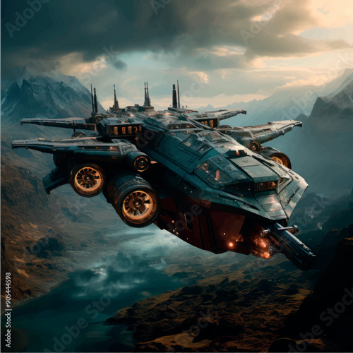  Model of a flying warship of the future. Spaceship 3D model for a computer game. Military attack ship fighter, aircraft carrier. Military equipment air transport. Future technology war.