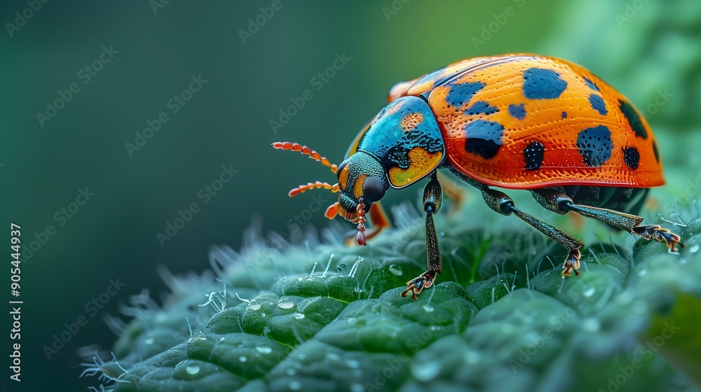 Naklejka premium Vibrant Orange and Blue Beetle Crawling on Green Leaf Under Natural Light
