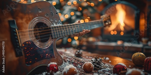 Acoustic Guitar with Christmas Decorations and a Fireplace photo