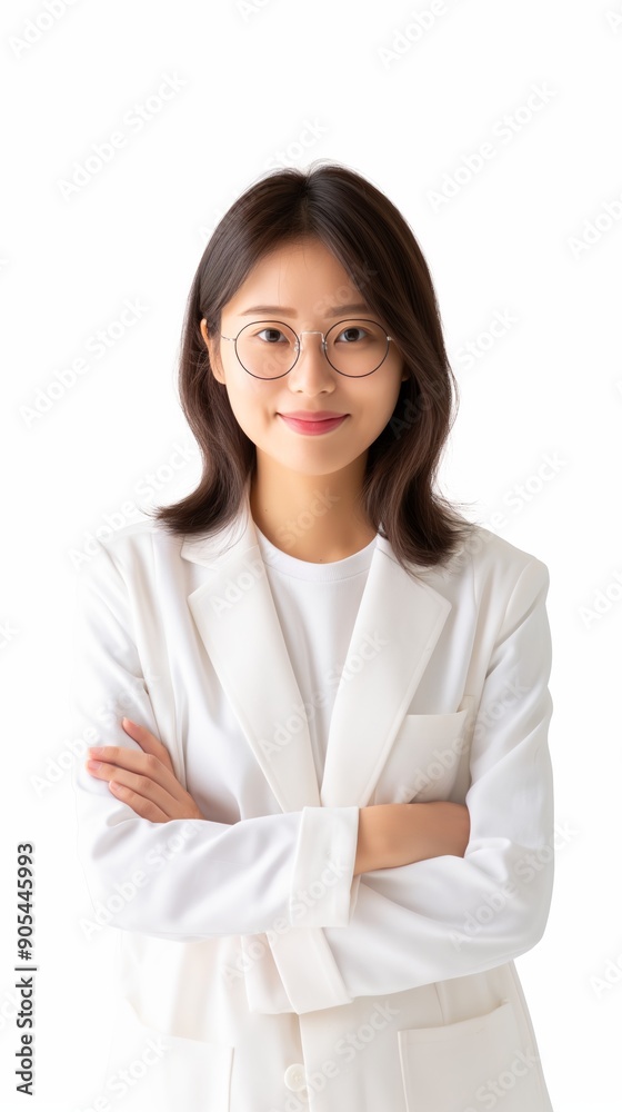 Asian businesswoman in white lab coat standing confidently with arms crossed. Asian businesswoman in white lab coat standing confidently with arms crossed.