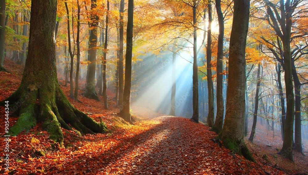 Obraz premium Sunlight streaming through a dense forest with autumn leaves covering the ground and trees in the background.