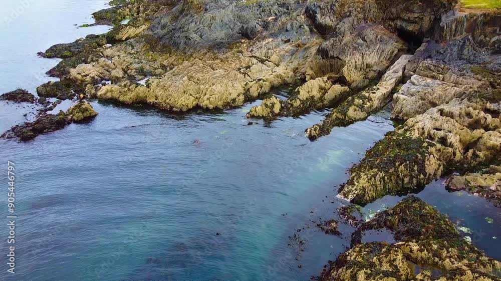 The sea is tranquil, and the rocks are sharp. The water boasts a rich blue hue. Moss and seaweed cloak the rocks. The sea is tranquil, and the rocks are sharp. The water boasts a rich blue hue. Moss and seaweed cloak the rocks.