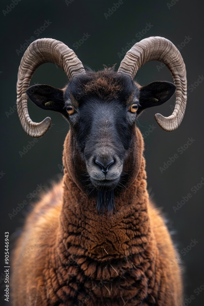 Majestic Black Ram with Curled Horns on Dark Background Majestic Black Ram with Curled Horns on Dark Background