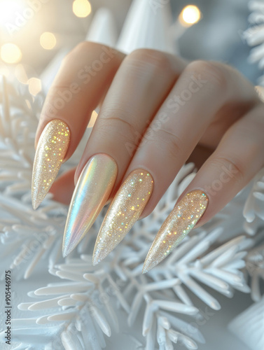 Close-up of glittering iridescent nail christmas art on a hand, with a snowy blurred background. Concept of beauty and holiday fashion. photo