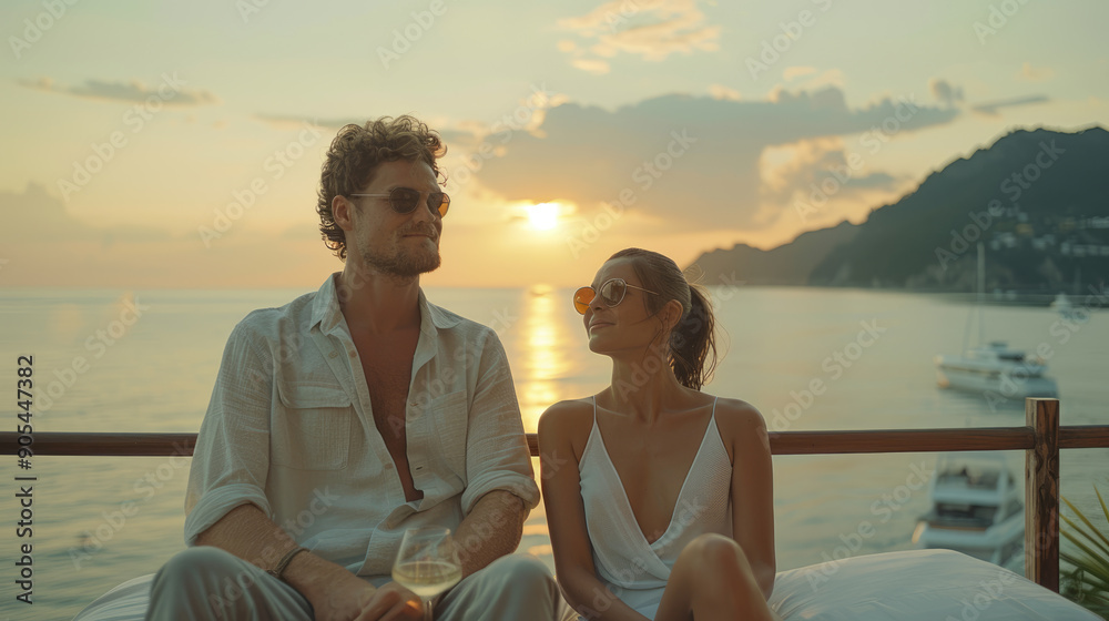 Fototapeta premium A couple in love is drinking wine on the seashore.