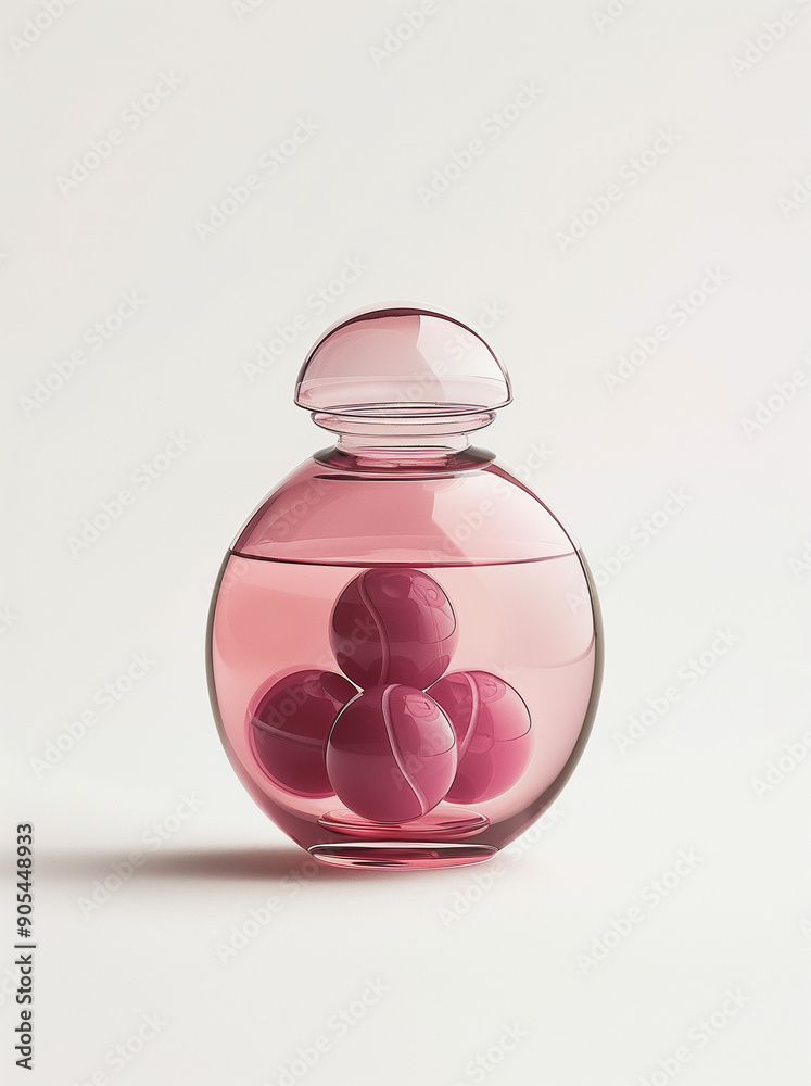 A pink tennis ball-shaped glass bottle containing four balls inside is displayed in a front view on a white background for product photography. A pink tennis ball-shaped glass bottle containing four balls inside is displayed in a front view on a white background for product photography.