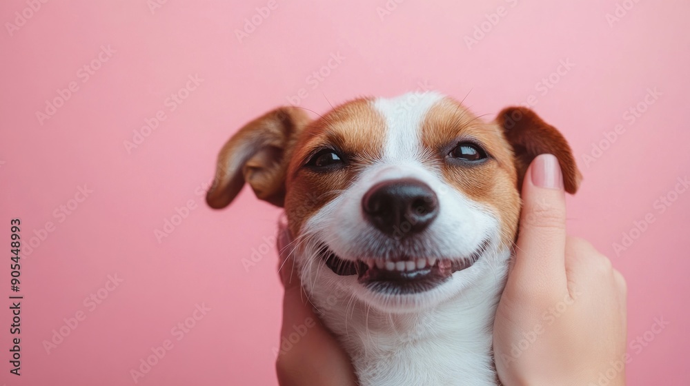 A close-up of a dog's face being gently held by its owner against a solid color background. The dog looks relaxed and happy, enjoying the moment. The background's simplicity provides ample copy space A close-up of a dog's face being gently held by its owner against a solid color background. The dog looks relaxed and happy, enjoying the moment. The background's simplicity provides ample copy space
