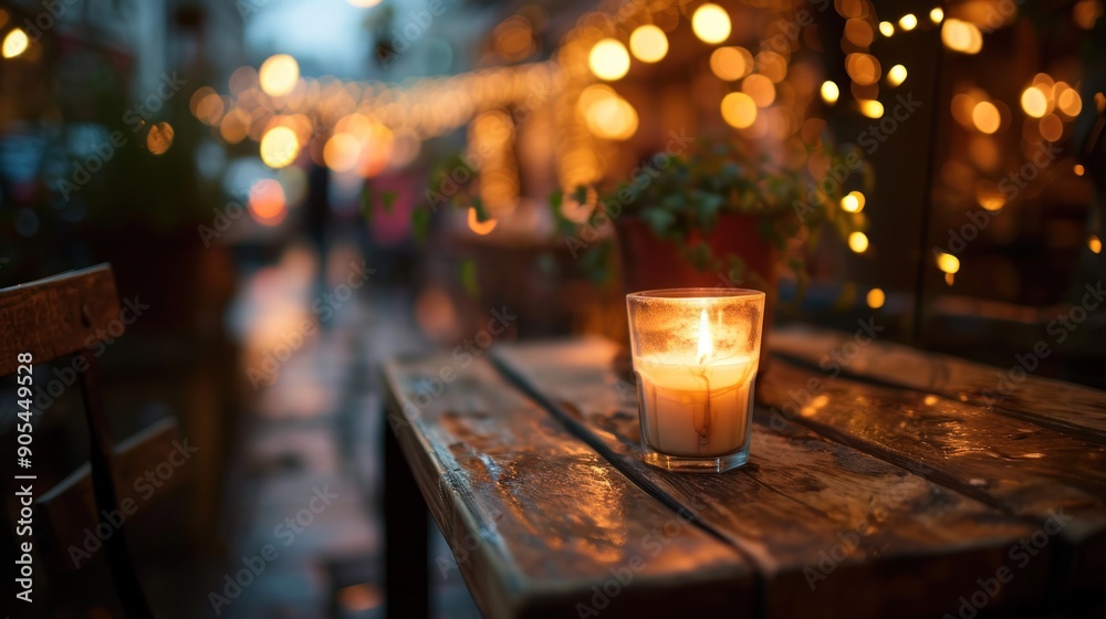 Lit up candle at an outdoor table of a restaurant in winter, cosy atmosphere, selective focus, bokeh, decorative, celebration, holiday, light, festive Lit up candle at an outdoor table of a restaurant in winter, cosy atmosphere, selective focus, bokeh, decorative, celebration, holiday, light, festive