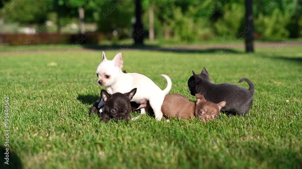 Group of five adorable Chihuahua puppies sitting on a vibrant green lawn. The puppies are of different colors, including brown, black, gray, and white Group of five adorable Chihuahua puppies sitting on a vibrant green lawn. The puppies are of different colors, including brown, black, gray, and white