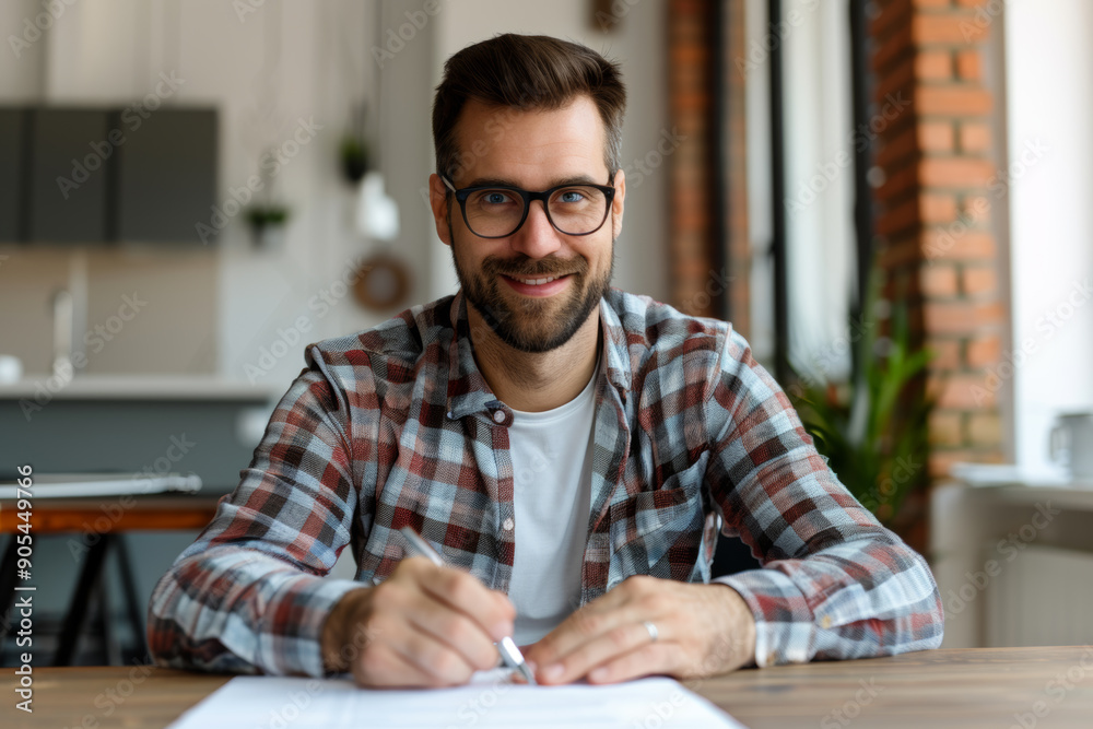 Portrait of smiling man in casual clothes studying or working at home. Man write, fill, sign financial documents. Education, remote working, workation, home office, freelancer Portrait of smiling man in casual clothes studying or working at home. Man write, fill, sign financial documents. Education, remote working, workation, home office, freelancer