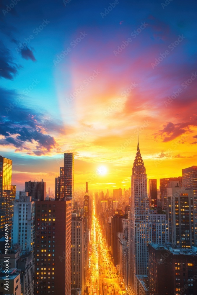 Obraz premium City skyline with dramatic sunset hues