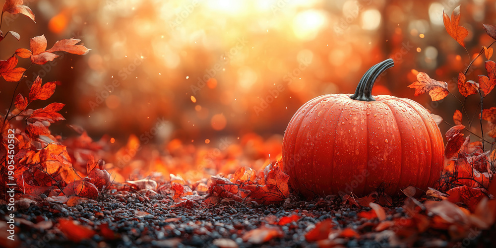 Vibrant Autumn Background with a Pumpkin and Copy Space Vibrant Autumn Background with a Pumpkin and Copy Space