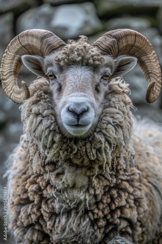 Close-Up Portrait of a Ouessant Sheep with Curled Horns Close-Up Portrait of a Ouessant Sheep with Curled Horns