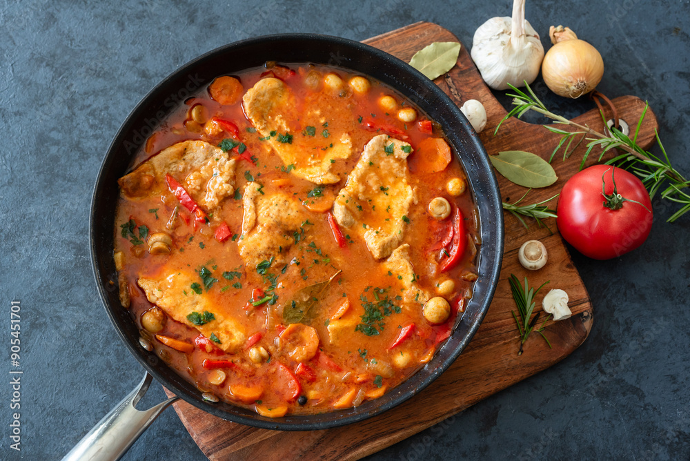 Fried pork loin in tomato sauce with mushrooms, red peppers and carrots