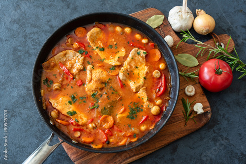 Obraz na płótnie Fried pork loin in tomato sauce with mushrooms, red peppers and carrots w salonie