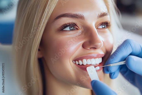Smiling woman at dental clinic, getting teeth checked, close-up, dentist with gloves, patient happy, white teeth, oral care

