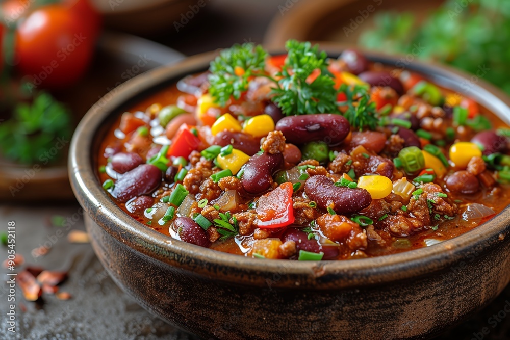 Delicious Homemade Chili With Beans, Vegetables, and Ground Meat in a Rustic Bowl Delicious Homemade Chili With Beans, Vegetables, and Ground Meat in a Rustic Bowl