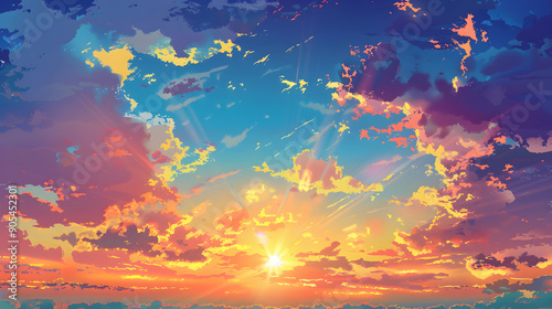 sunset anime blue sky with clouds background,generative ai