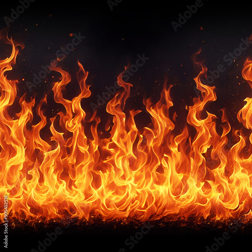 Fire flames seamless pattern on black background. Repeating flame for banner background.