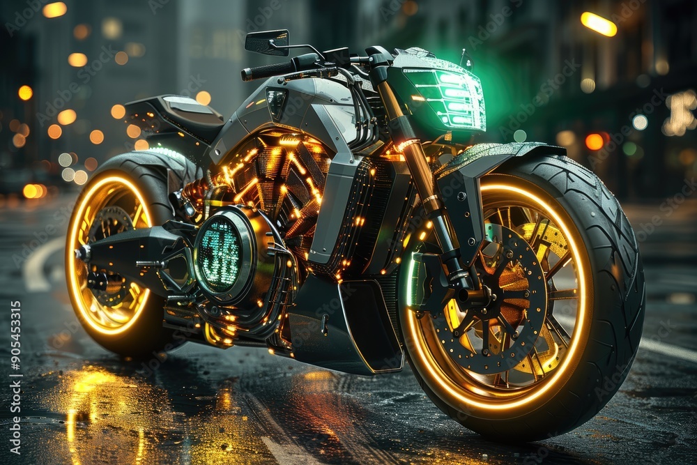 Futuristic Motorcycle with Glowing Wheels in Urban Setting Futuristic Motorcycle with Glowing Wheels in Urban Setting