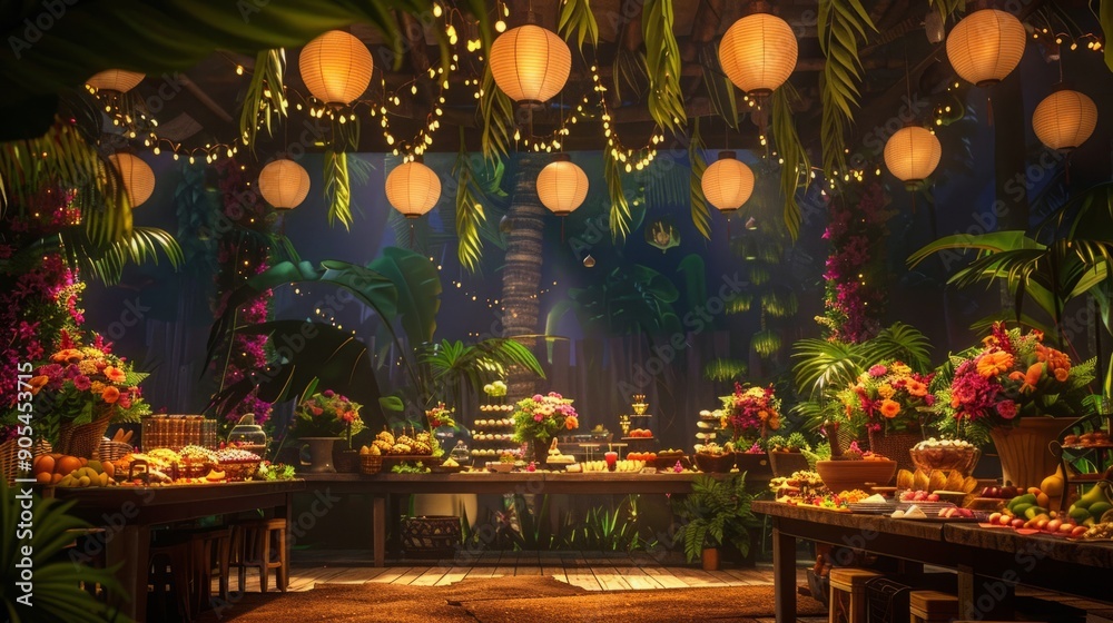 Obraz premium decorated for a tropical party with flower garlands generative ai