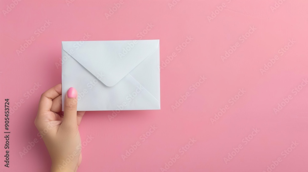 Fototapeta premium Hand holding white envelope on pink background. Minimalist design.