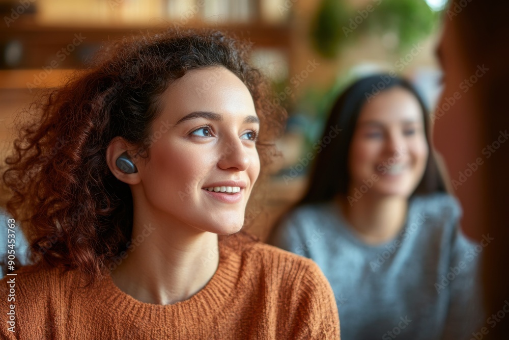 Portrait photo of a deaf woman with hearing aids chatting with her friends in a restaurant Portrait photo of a deaf woman with hearing aids chatting with her friends in a restaurant
